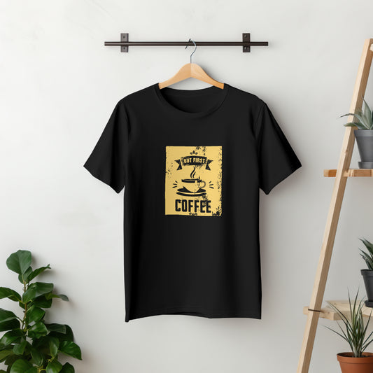 But First Coffee | Yellow Black T-Shirt | UNISEX